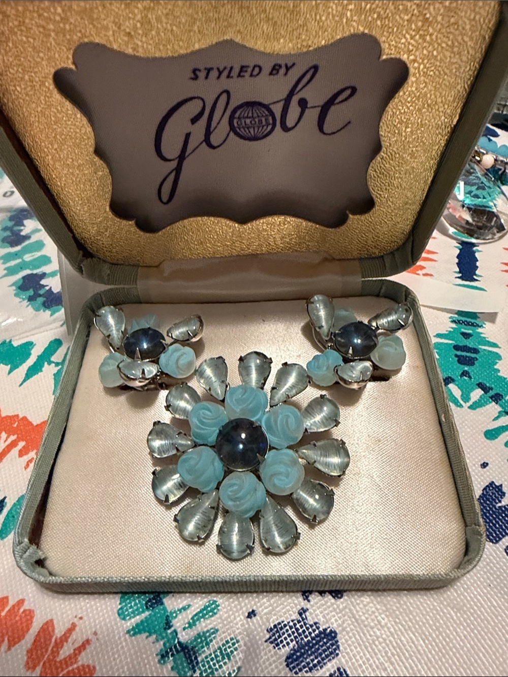 Vintage signed Globe Blue Floral Glass Brooch&clip Earring Set like new;box aged